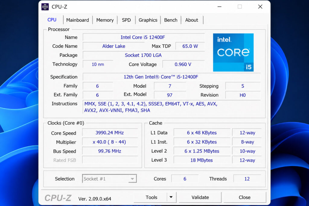 CPU-Z 프로그램으로 컴퓨터 사양 확인하는 화면