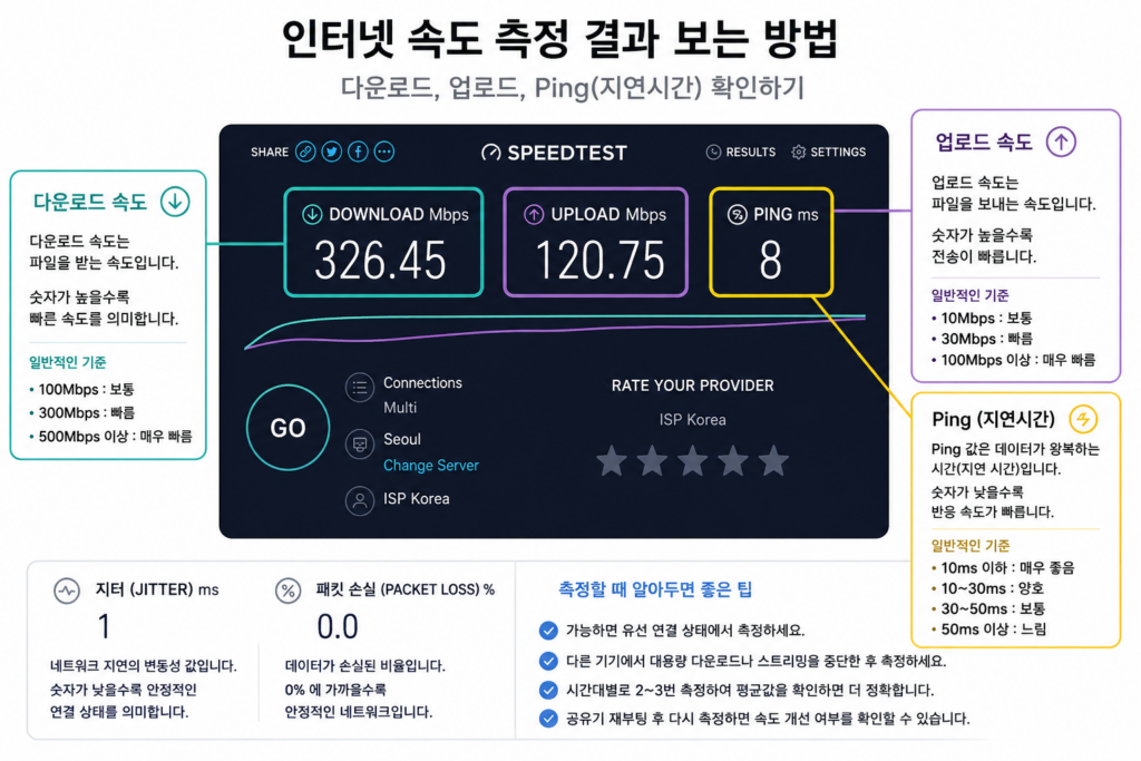 인터넷 속도 측정 결과에서 다운로드 업로드 핑 확인 방법