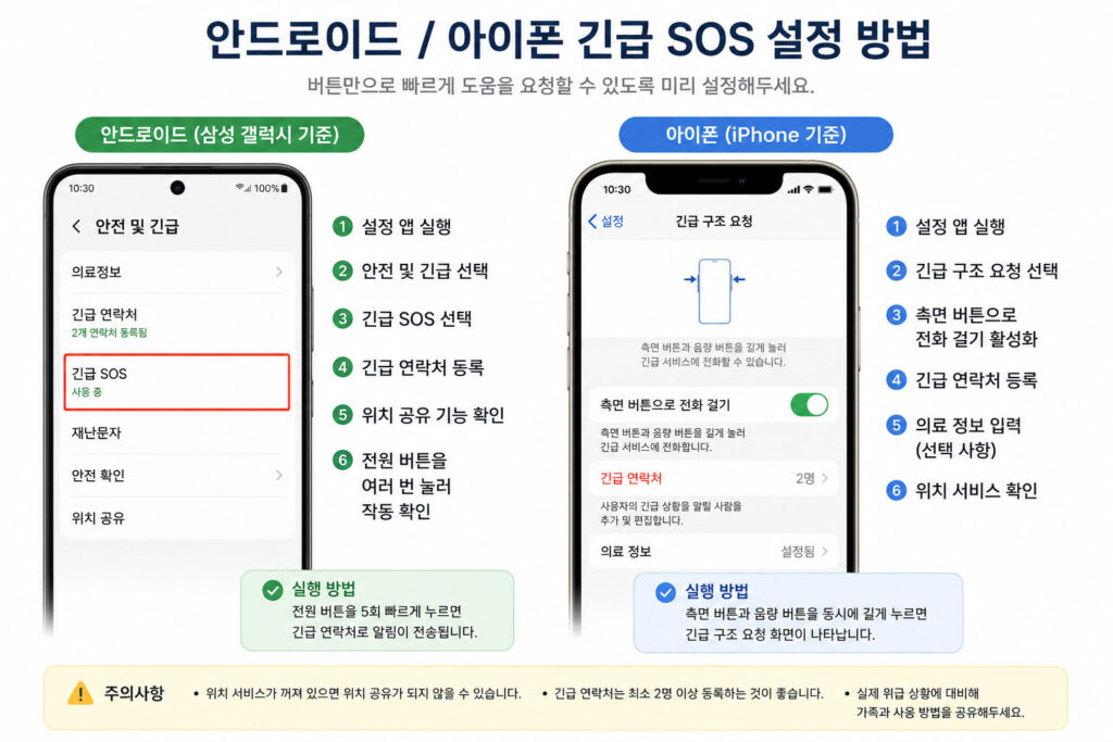 긴급 SOS 기능 설정 화면