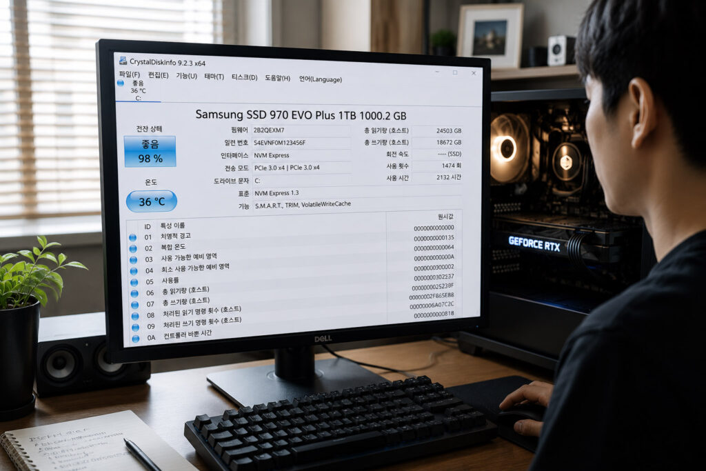 CrystalDiskInfo에서 SSD 건강 상태와 저장장치 정보를 확인하는 화면