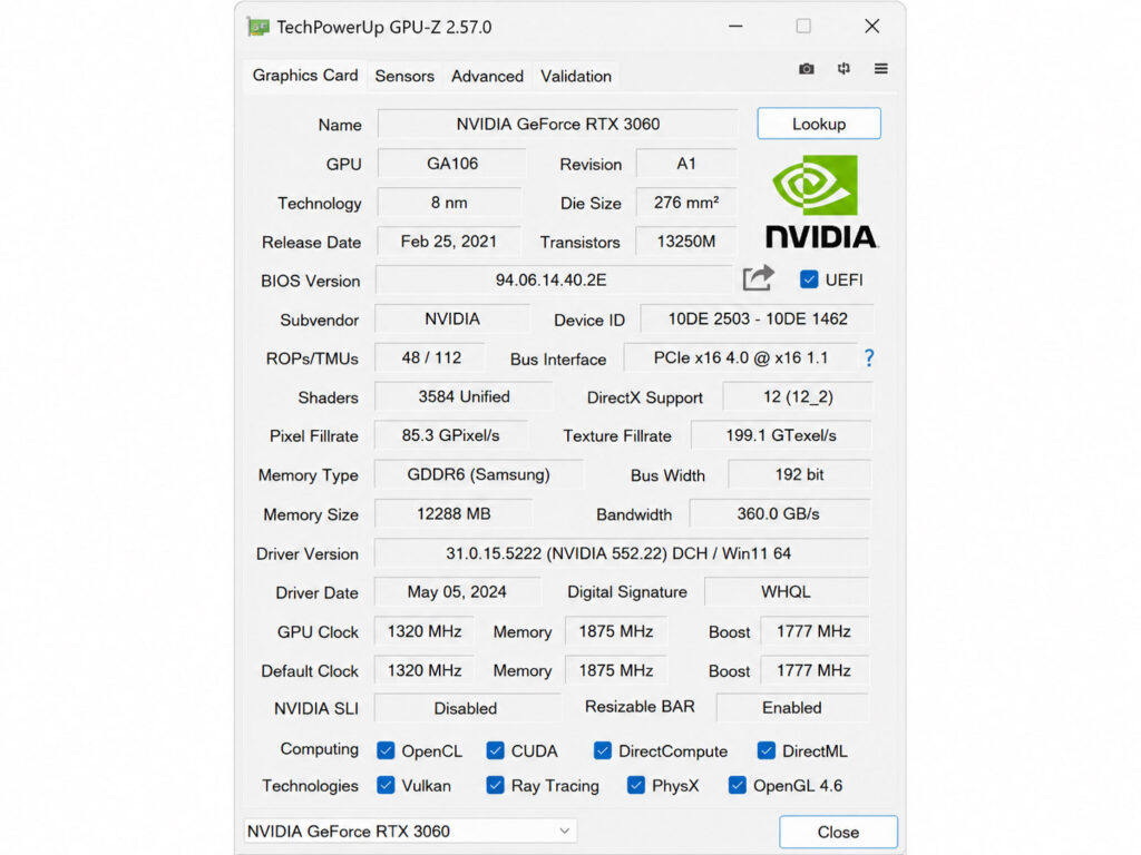 GPU-Z에서 그래픽카드 모델과 VRAM 정보를 확인하는 화면
