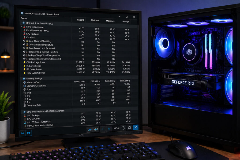 HWiNFO에서 CPU 온도와 GPU 온도 등 실시간 센서 정보를 확인하는 화면